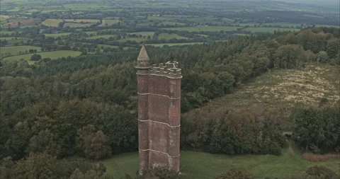 Close aerial video of King Alfred's Tower, Somerset - 4K Drone Stock Footage
