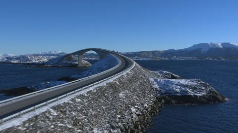 Close aerial view of the Atlantic Road in Norway Stock Footage 87684789