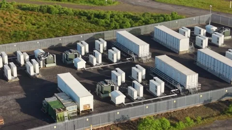 Close Aerial View of BESS Battery Energy Storage System in Containers using Stock Footage 337511017