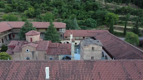Close aerial view of Byzantine monastery traditional architecture Stock Footage 343961257
