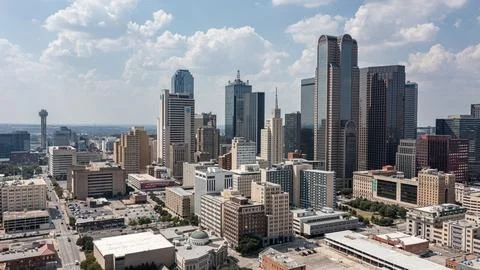 Close Aerial View of Downtown Dallas Skyscrapers and Reunion Tower Stock Photos