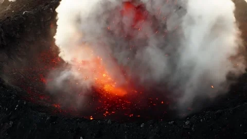 Close aerial view of explosive lava eruption inside Fuego volcano crater Stock Footage 331050908