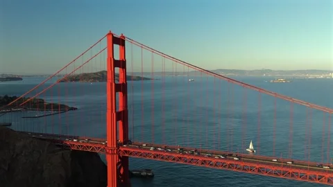 Close Aerial View Of Golden Gate Bridge Tower In San Francisco With Bay Water Stock Footage 339065422