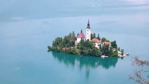 Close-up Aerial View of the Island Bled in the Julian Alps in Slovenia Stock Footage 80945805