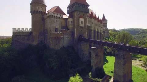 Close aerial view of a medieval castle with bridge Stock-Footage 67317811