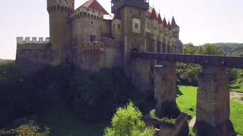 Close aerial view of a medieval castle with bridge Stock Footage 67317835