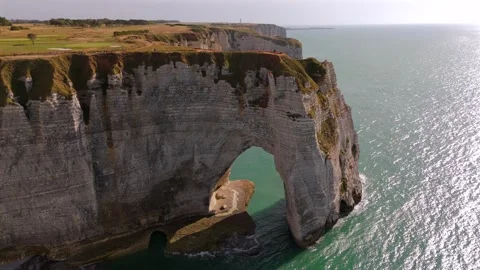 Close Aerial View Of Natural Chalk Arch In Etretat Cliffs Stock Footage 341131953