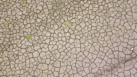 Close-up aerial view of the patterned cracked mud surface of a dry dam due to 스톡 동영상 144181821