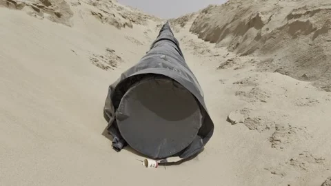Close Aerial View of Pipeline Construction Track and Excavated Desert Corridor Stock Footage 344825723