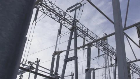 Close-up Aerial View of Power Grid on Cloudy Day Stock Footage 208755318