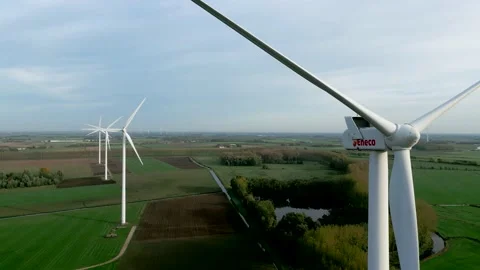 Close Aerial view of powerful Wind turbine farm for clean energy Stock Footage 220103011