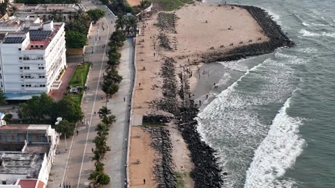 Close aerial view of rocks and beach serene rural landscape near Chennai Video stock 314412982