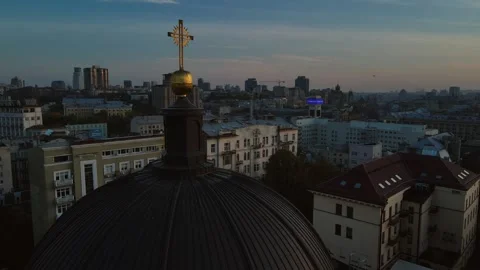 Close aerial view of Saint Alexander Church dome cross at dusk in Kyiv Stock Footage 346500887