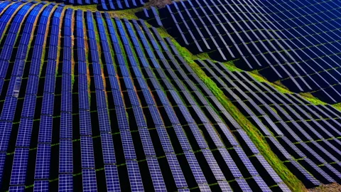 Close aerial view of solar module rows in sunlight Stock Footage 340407544