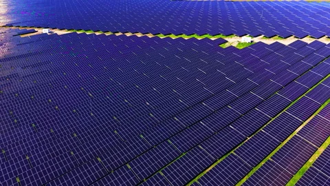Close aerial view of solar panel array rows, Bulgaria Видео 344691214