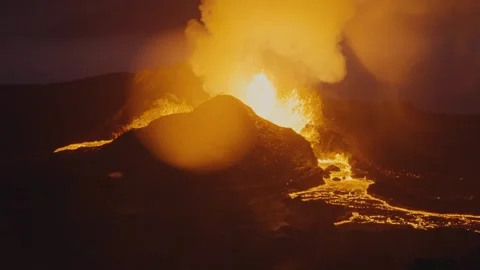 Close Up Aerial of Violent Volcano Eruption Crater with Lava Fountains Stock Footage 322182415