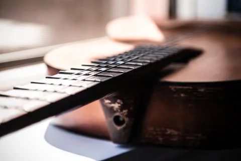 Close-up aged guitar 스톡 사진