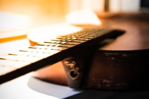Close-up aged guitar Foto stock