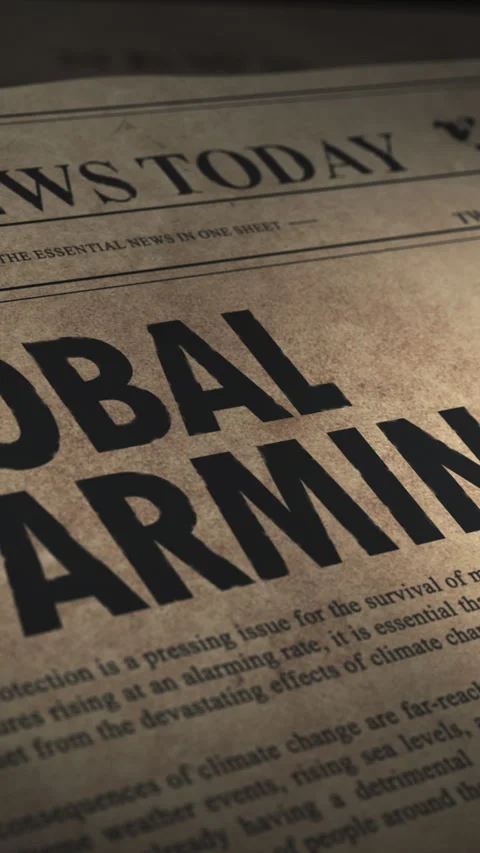 Close-up of aged newspaper article about global warming with dramatic lighting, Stock Footage 328702808