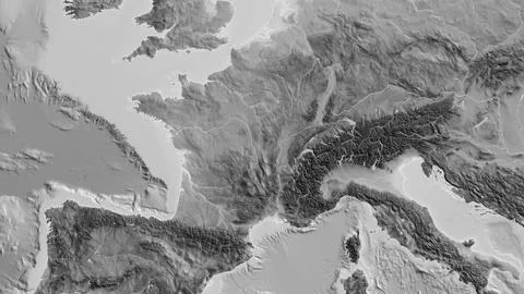 Close-up of agrayscale map centered on France Stock Illustration