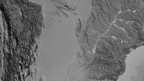 Close-up of agrayscale map centered on Paraguay Ilustração Stock