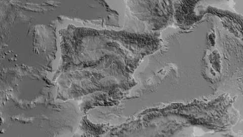 Close-up of agrayscale map centered on Spain 库存插图