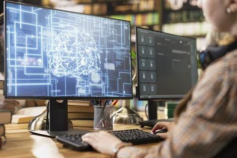 Close up of AI brain screen appears on desktop monitor in library workspace Stock Photos