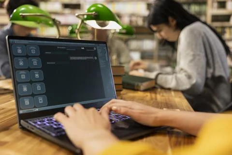 Close up of AI chatbot assistant used on laptop at university library Stock Photos