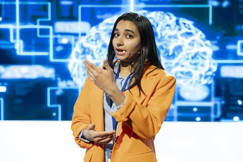 Close up of AI keynote speaker explaining virtual assistant research Stock Photos