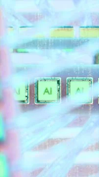 Close-up of AI microchips arranged horizontally behind glowing fiber-optic .. Stockillustratie