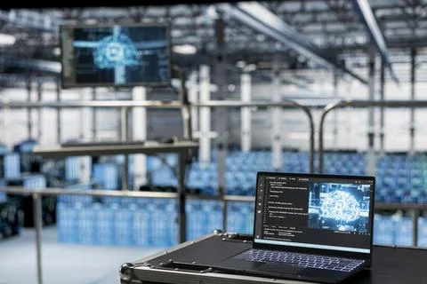Close up of AI powered script running on laptop in server room Foto stock
