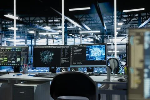 Close up of AI software interface on PC monitors in data center Stock Photos