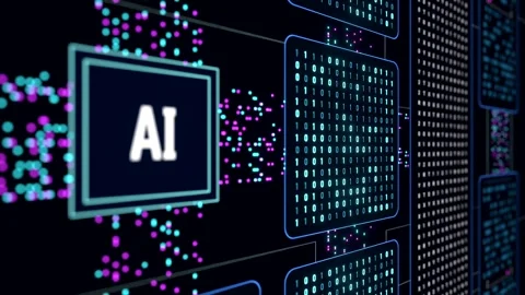 Close up AI unit, artificial intelligence, data stream, deep learning, big data Stock Footage 322521301