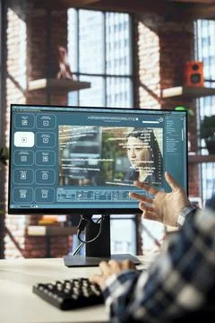 Close up of AI virtual assistant producing clips from prompts on computer screen Stock Photos