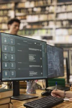 Close up of AI virtual assistant running on computer monitor at library desk Stock Photos