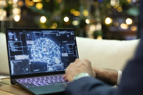 Close up of AI visualization on laptop used for business engineering Foto stock