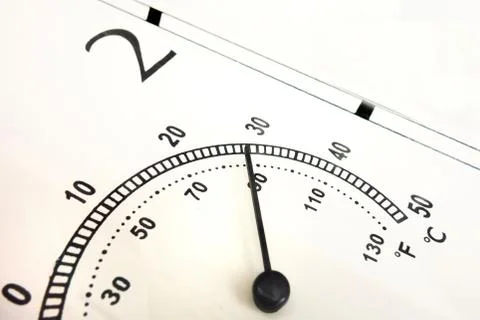 Close up of air temperature indicator. Scale in Celsius and Fahrenheit with b Stock-Fotos