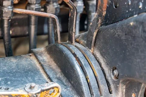 Close-up of an aircraft cabin mechanical structure, showing metal gears, leve Stock Photos