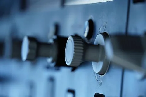 Close up of aircraft cockpit control knobs and switches Stock Photos