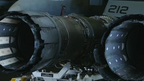 Close-up of an aircraft turbofan engine sets on a stand Video stock 117717286