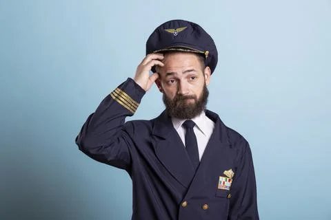 Close up of airplane captain scratching head in confusion Stock Photos