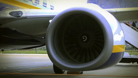 Close Up of Airplane Jet Engine Turbine on Airport Tarmac - 4K Stock Footage 339606871