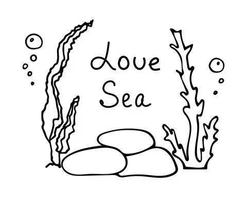 Close-up of algae, air bubbles and stones. Lettering Love sea. Vector Stock-Illustration