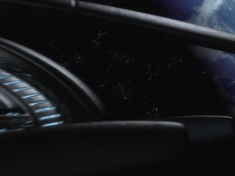 Close up of an Alien Spaceship, Drawing Near a Blue Planet Stock Footage 71977013