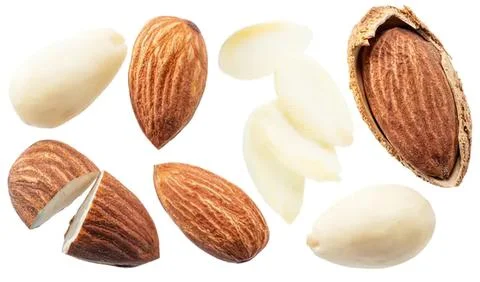 Close-up of almonds with shells and peeled nuts Stock Photos