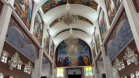 Close up of altar area and stained glass in Chengdu Catholic church Video stock 334700048