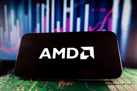Close up of AMD logo on smartphone screen with technology and financial chart Stock Photos