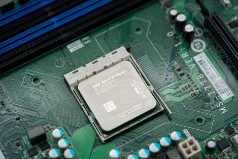 Close up of AMD processor on computer motherboard. Toronto, Canada - June 11, Stock Photos