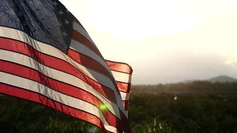 Close-up American flags waving over sunset or sunrise in nature background Video stock 154917253