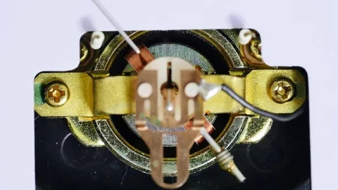 Close up of an analog current meter with the pointer. Electrodynamic Galvanomete Stock Footage 73260592